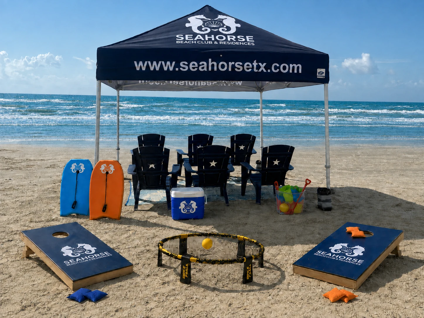Current Seahorse Signature Family Beach Experience cabana with aluminum octagon legs, six chairs and family beach equipment